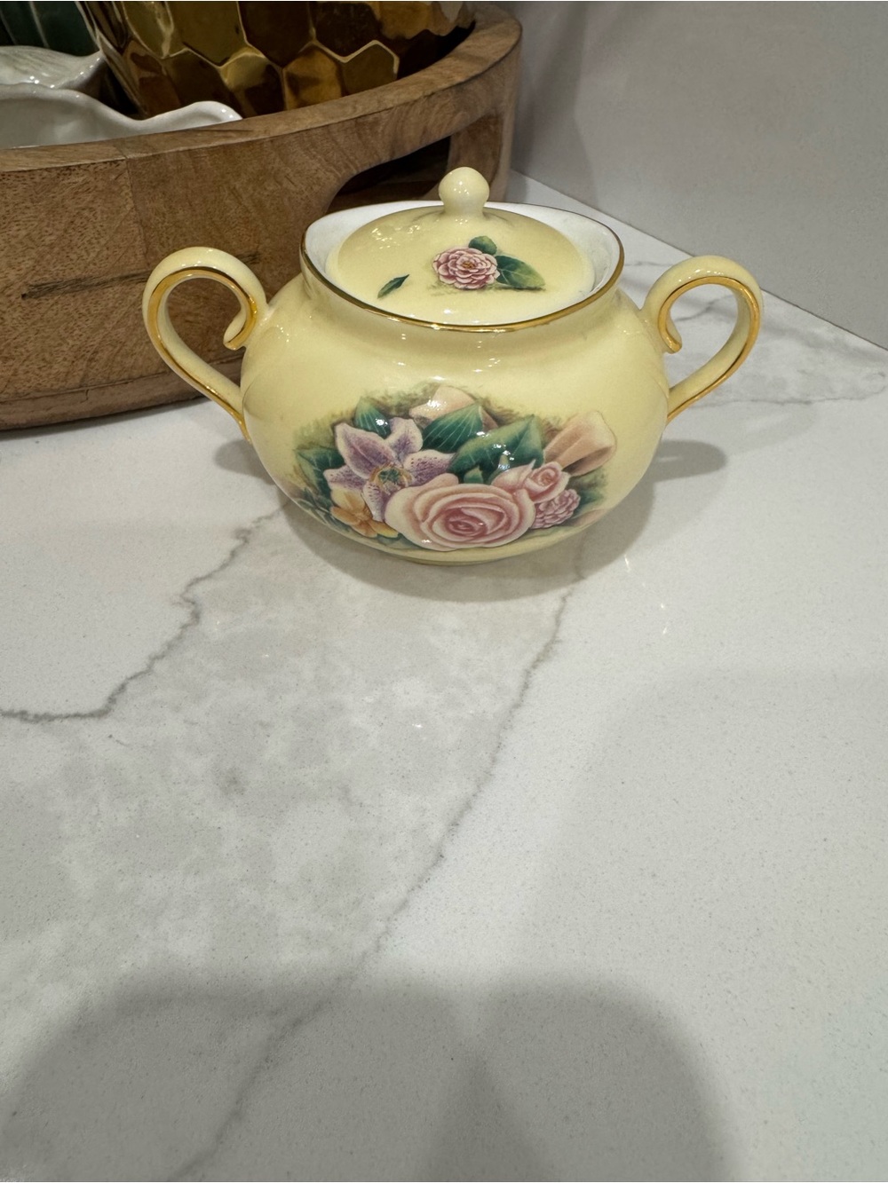 Yellow Floral Covered Sugar Bowl - Vintage Style Home Art